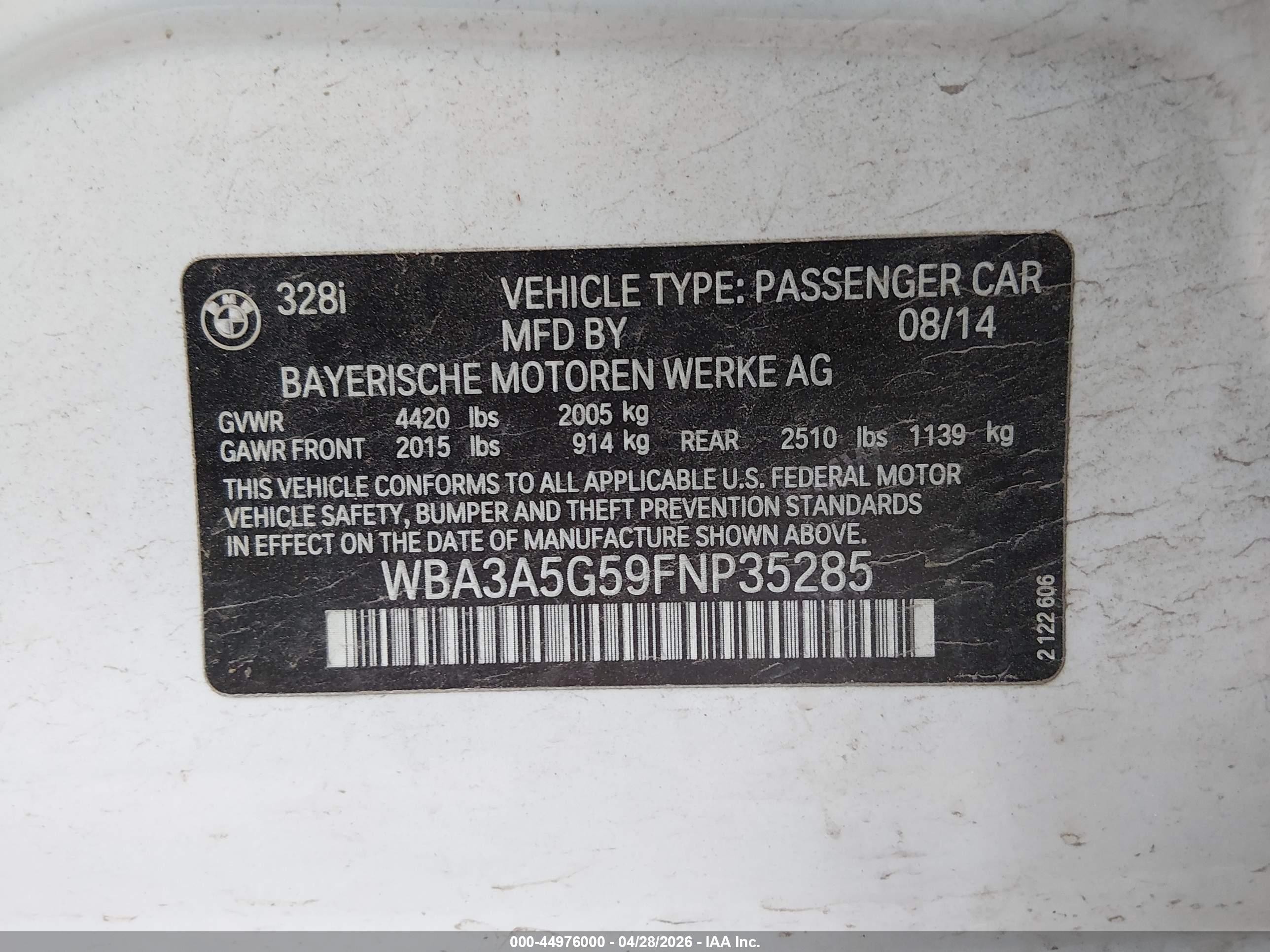2015 BMW 328I VIN: WBA3A5G59FNP35285 Lot: 44976000
