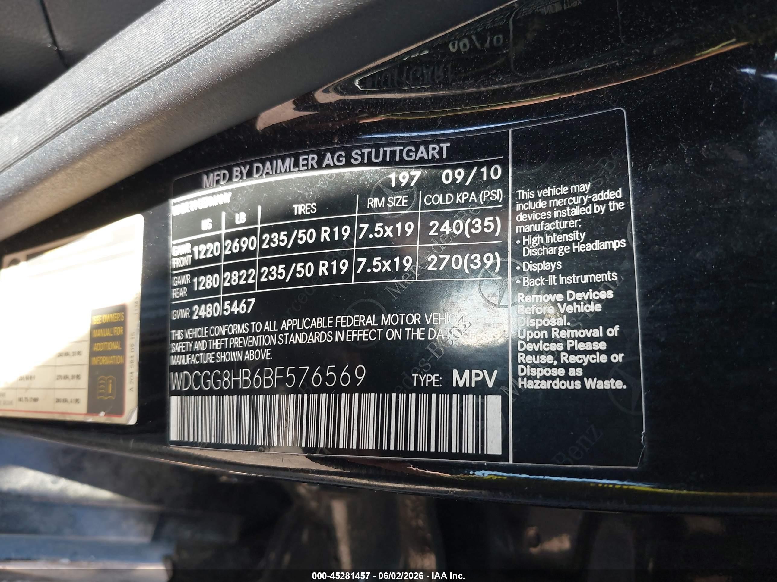 2011 Mercedes-Benz Glk 350 4Matic VIN: WDCGG8HB6BF576569 Lot: 45281457