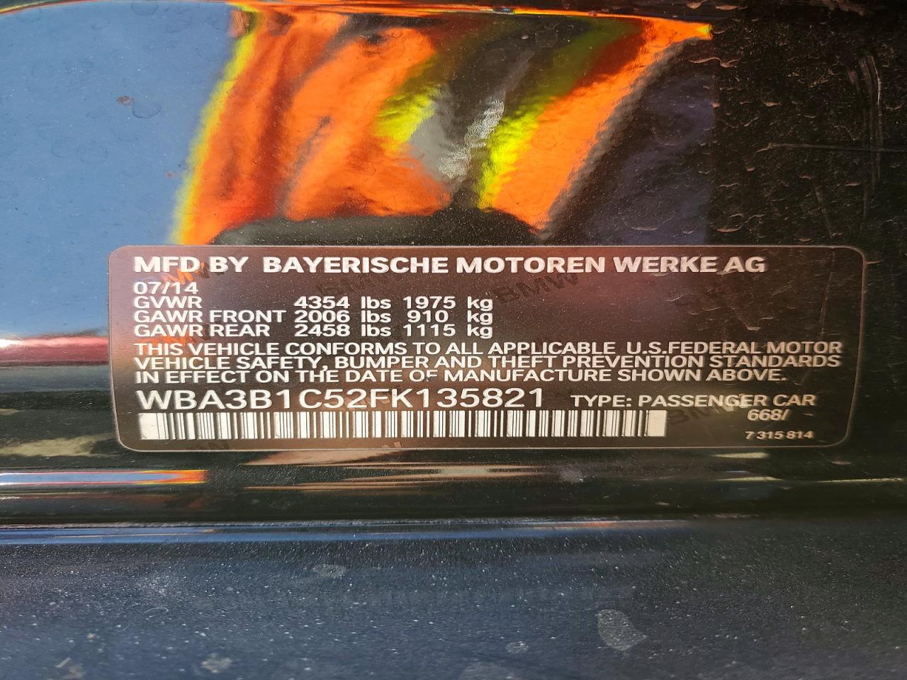 2015 BMW 320I VIN: WBA3B1C52FK135821 Lot: 48527516
