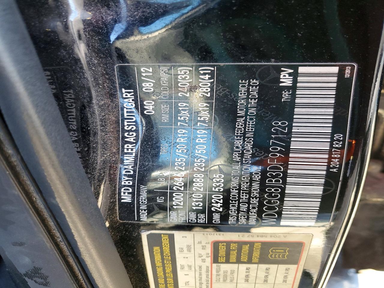 2013 Mercedes-Benz Glk 350 4Matic VIN: WDCGG8JB3DF997128 Lot: 52654496