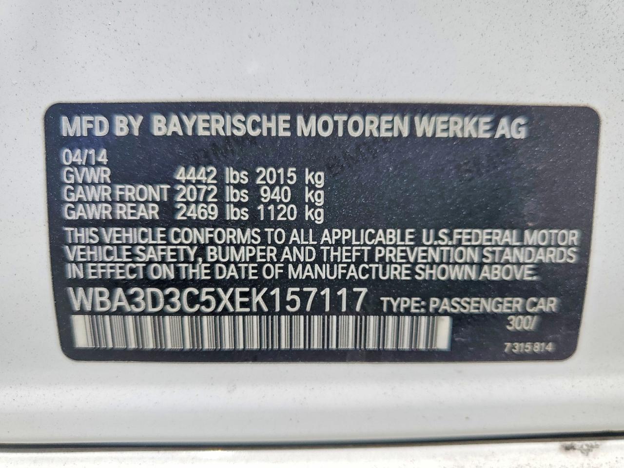 2014 BMW 328 D VIN: WBA3D3C5XEK157117 Lot: 53076366